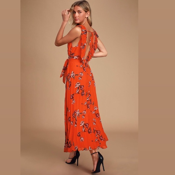 LULUS | Loved By You Red Orange Floral Print Long Pleated Chiffon Maxi Dress - Picture 1 of 13